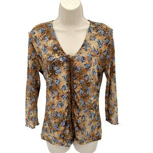 Therapy Womens Brown Boho Floral Print V Neck Long Sleeve Fitted Top Size L